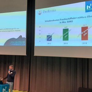 Pitch during the science conference in November 2024, damage costs for cargo shipping in millions of euros on the Elbe River